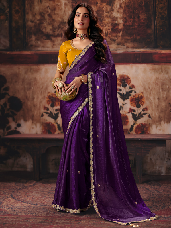 Deep Purple Embroidered Designer Satin Silk Saree With Contrast Blouse