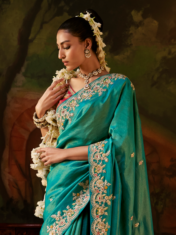 Teal Green Embroidered Designer Tissue Silk Saree With Contrast Blouse