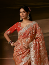 Coral Peach Embroidered Designer Organza Silk Saree