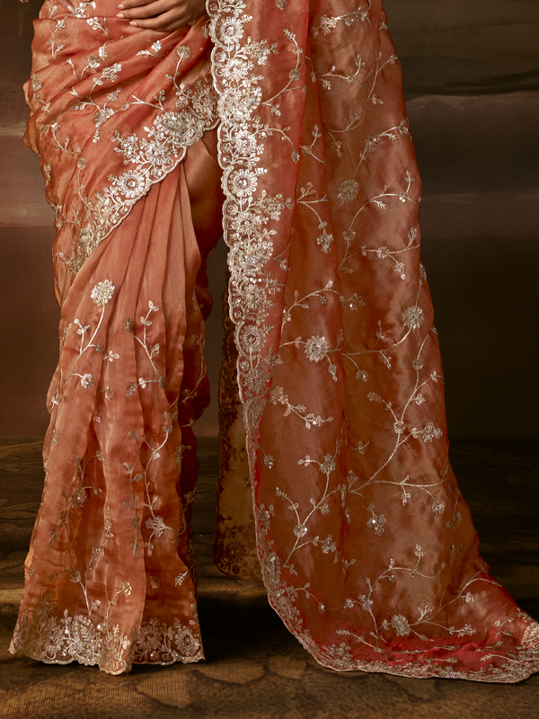 Coral Peach Embroidered Designer Organza Silk Saree