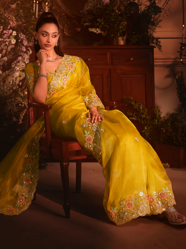 Yellow Organza Silk Saree