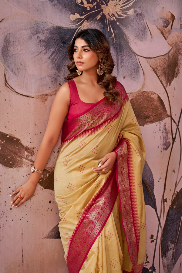 Cream Banarasi Cotton Silk Saree