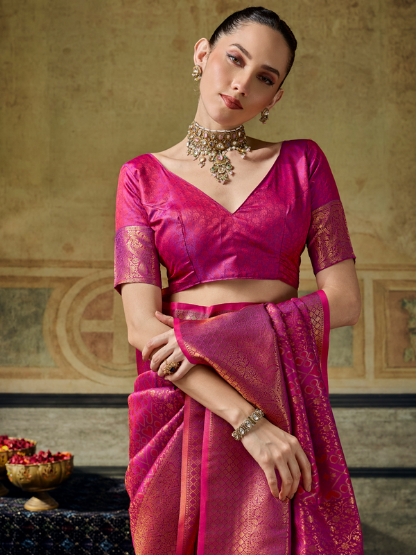 Magenta Pink Banarasi Soft Silk Saree