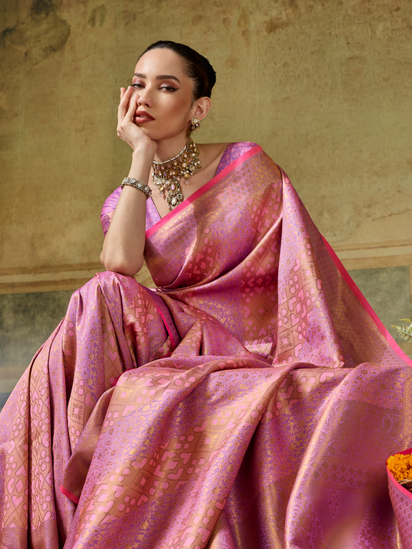 Rose Pink Banarasi Soft Silk Saree