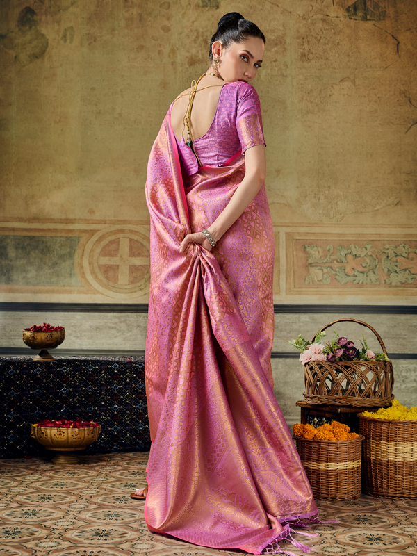 Rose Pink Banarasi Soft Silk Saree