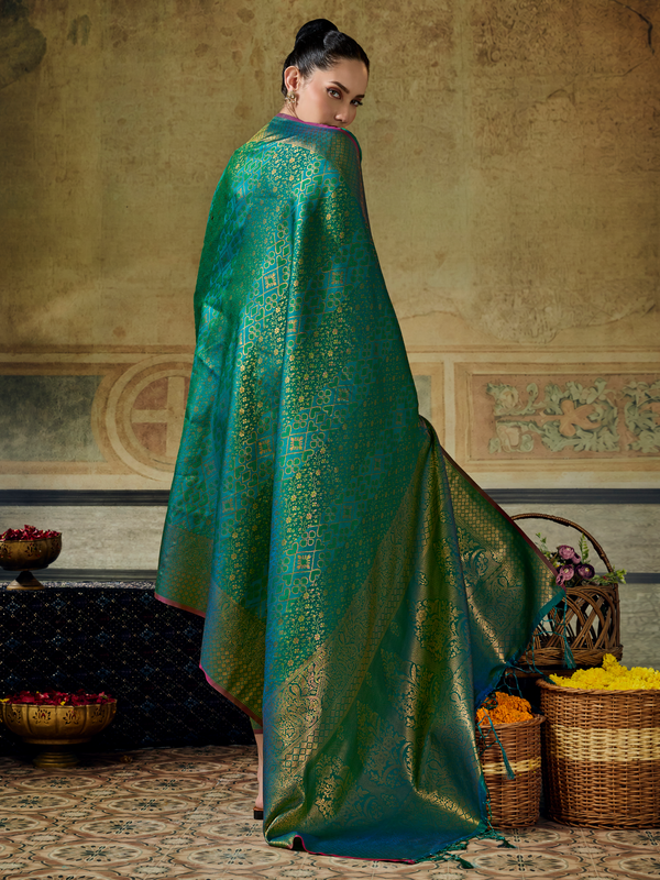 Sea Green Banarasi Soft Silk Saree
