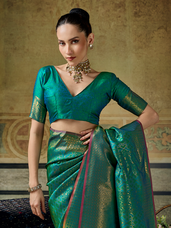 Sea Green Banarasi Soft Silk Saree