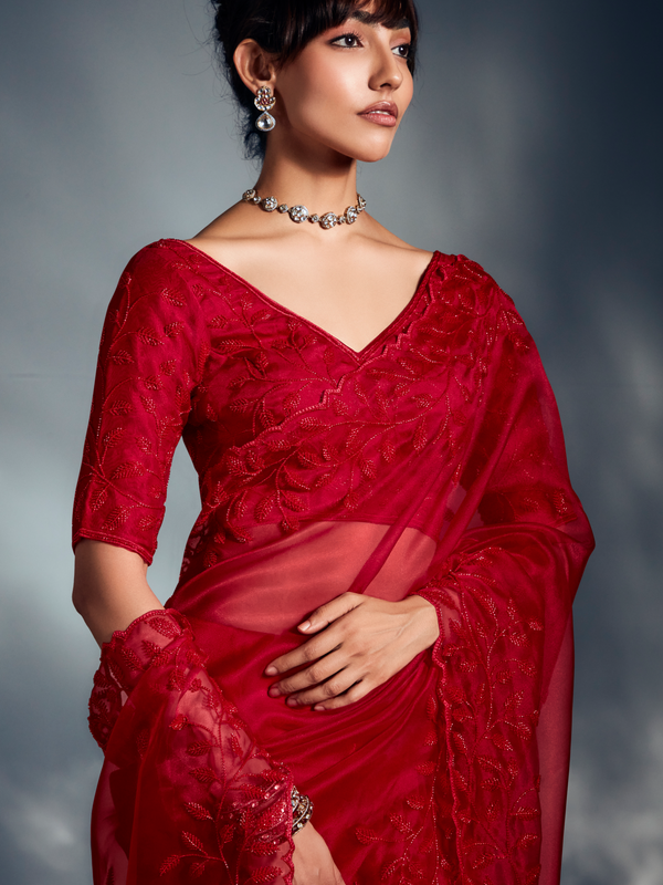 Red Embroidered Designer Tissue Organza Silk Saree