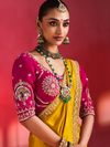 Golden Yellow Embroidered Designer Satin Silk Saree With Contrast Blouse