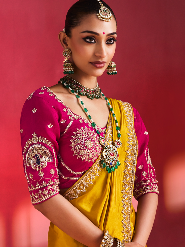 Golden Yellow Embroidered Designer Satin Silk Saree With Contrast Blouse