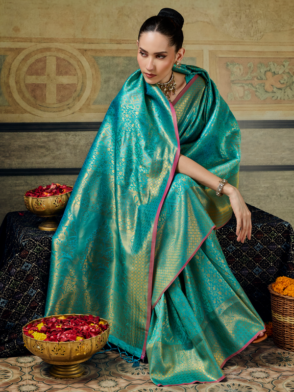 Turquoise Blue Banarasi Soft Silk Saree