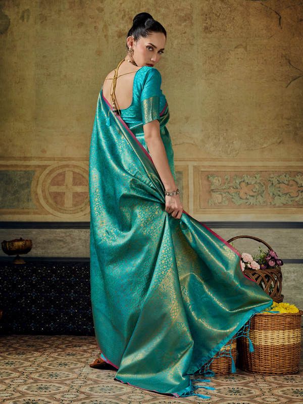 Turquoise Blue Banarasi Soft Silk Saree