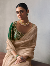 Champagne Beige Designer Tissue Silk Saree With Contrast Blouse