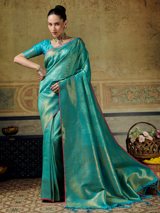 Turquoise Blue Banarasi Soft Silk Saree