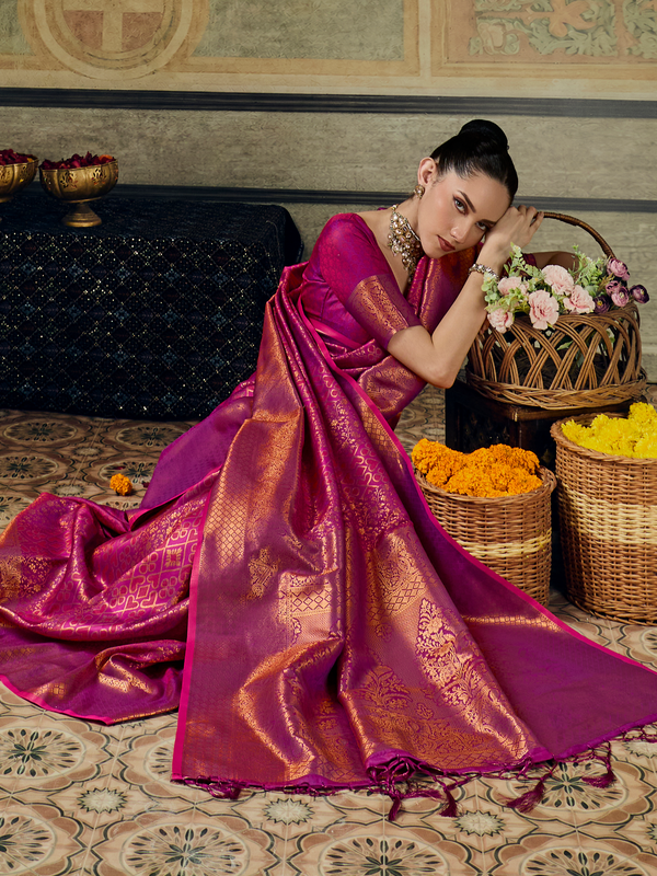 Magenta Pink Banarasi Soft Silk Saree