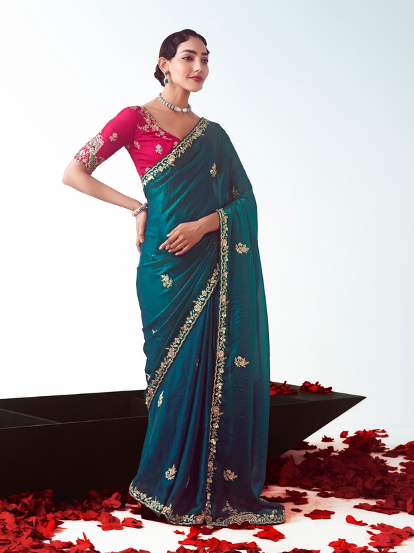 Deep Teal Embroidered Designer Satin Silk Saree With Contrast Blouse
