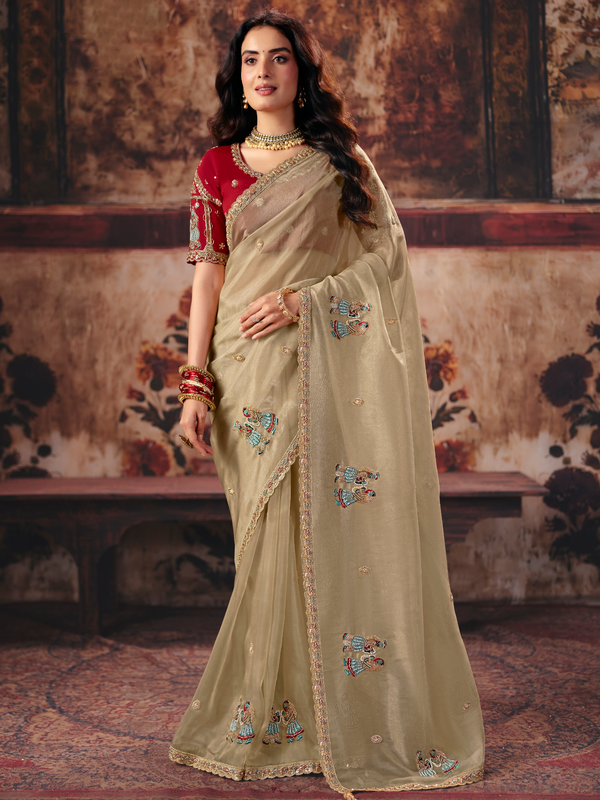 Gold Beige Embroidered Designer Organza Silk Saree With Contrast Blouse