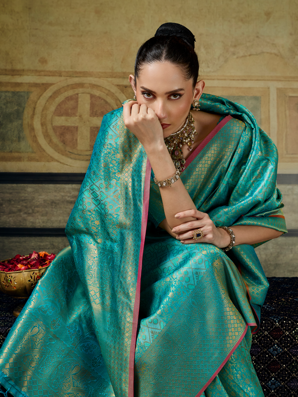 Turquoise Blue Banarasi Soft Silk Saree
