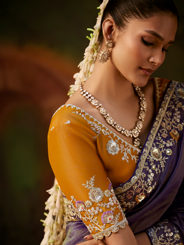 Royal Purple Embroidered Designer Tissue Silk Saree With Contrast Blouse