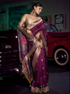 Wine Purple Banarasi Satin Silk Saree With Contrast Blouse