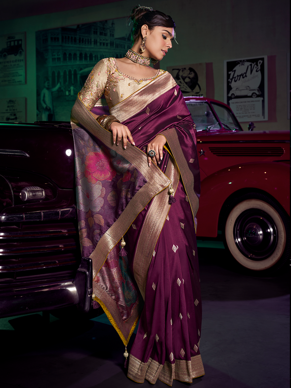 Wine Purple Banarasi Satin Silk Saree With Contrast Blouse