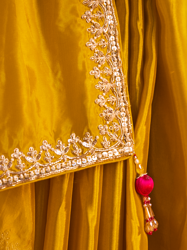 Golden Yellow Embroidered Designer Satin Silk Saree With Contrast Blouse