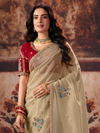 Gold Beige Embroidered Designer Organza Silk Saree With Contrast Blouse