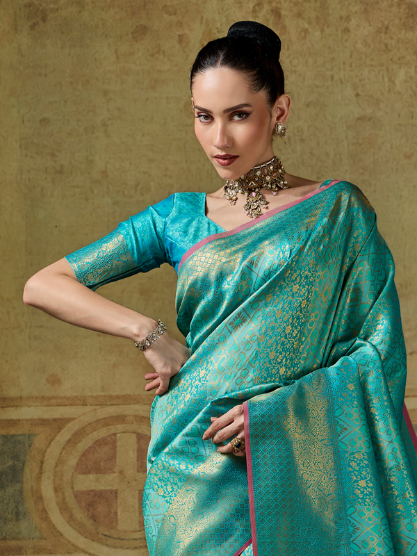 Turquoise Blue Banarasi Soft Silk Saree