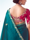 Deep Teal Embroidered Designer Satin Silk Saree With Contrast Blouse