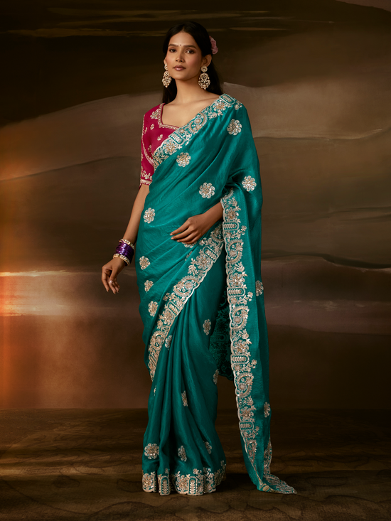 Teal Green Embroidered Designer Organza Silk Saree