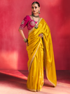 Golden Yellow Embroidered Designer Satin Silk Saree With Contrast Blouse