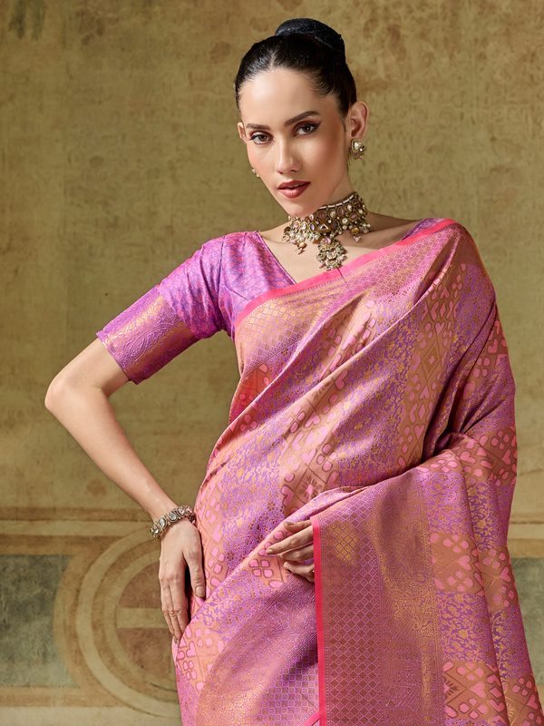Rose Pink Banarasi Soft Silk Saree