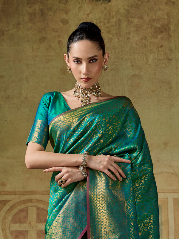 Sea Green Banarasi Soft Silk Saree