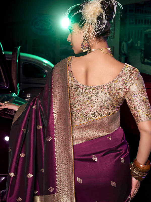 Wine Purple Banarasi Satin Silk Saree With Contrast Blouse