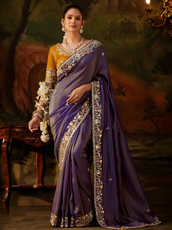Royal Purple Embroidered Designer Tissue Silk Saree With Contrast Blouse