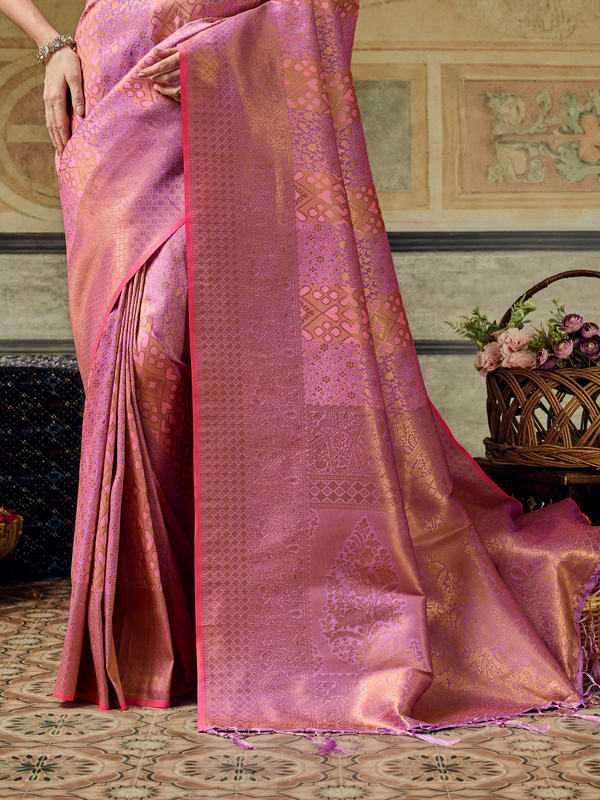 Rose Pink Banarasi Soft Silk Saree