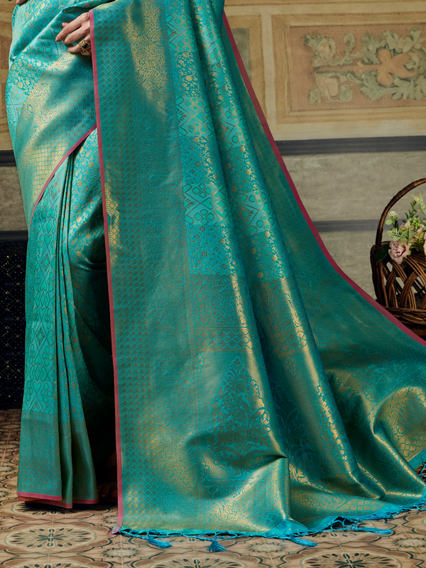 Turquoise Blue Banarasi Soft Silk Saree