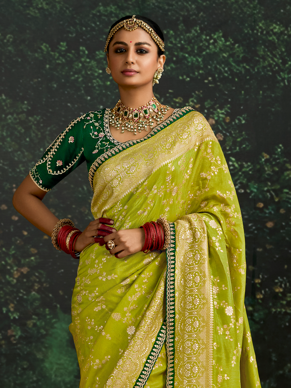 Lime Green Designer Banarasi Dola Silk Saree With Golden Zari Work