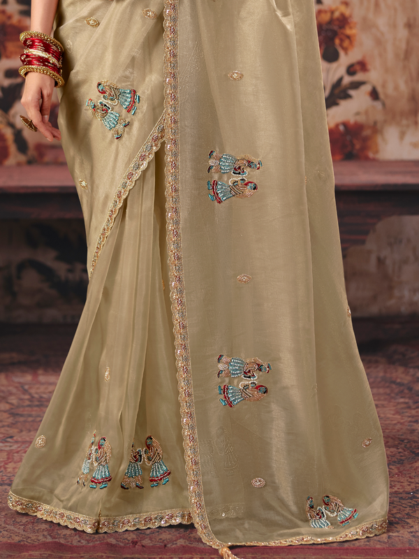 Gold Beige Embroidered Designer Organza Silk Saree With Contrast Blouse
