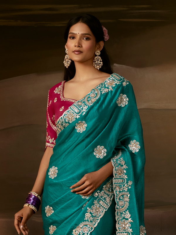 Teal Green Embroidered Designer Organza Silk Saree