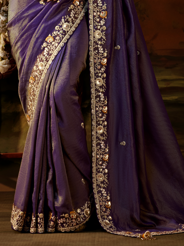 Royal Purple Embroidered Designer Tissue Silk Saree With Contrast Blouse