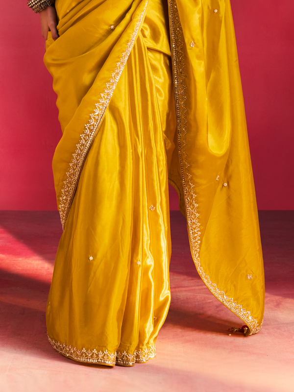 Golden Yellow Embroidered Designer Satin Silk Saree With Contrast Blouse