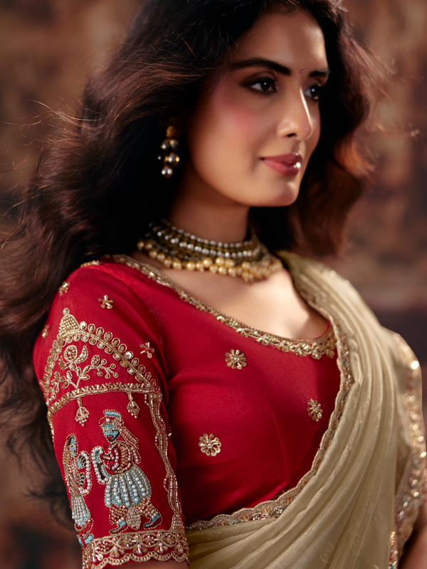 Gold Beige Embroidered Designer Organza Silk Saree With Contrast Blouse