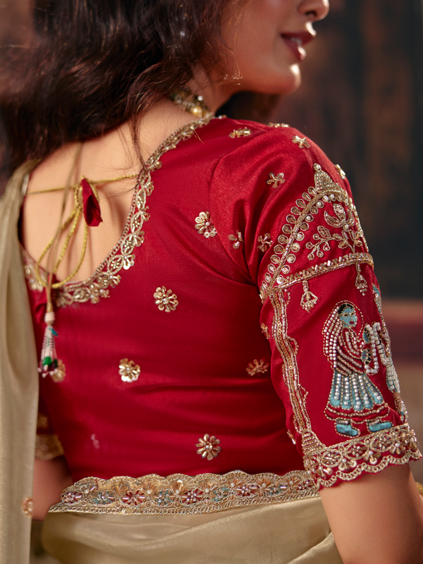 Gold Beige Embroidered Designer Organza Silk Saree With Contrast Blouse