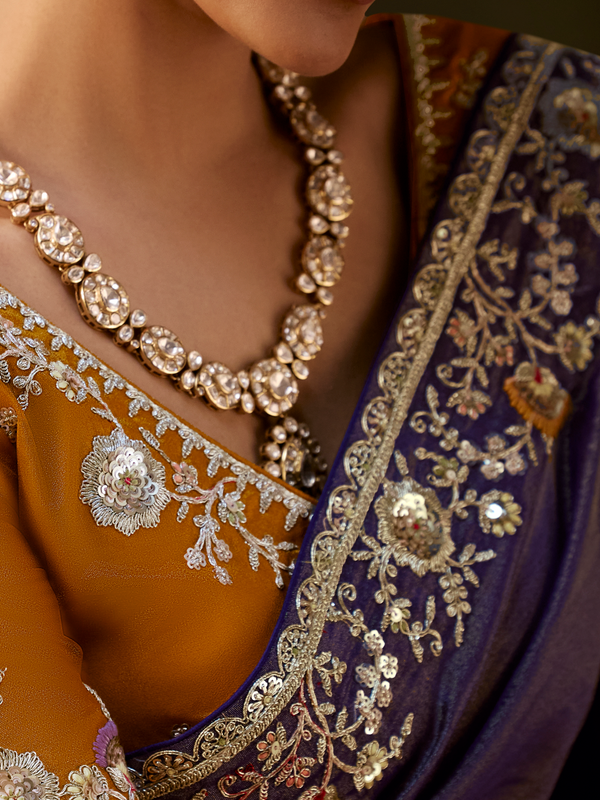 Royal Purple Embroidered Designer Tissue Silk Saree With Contrast Blouse