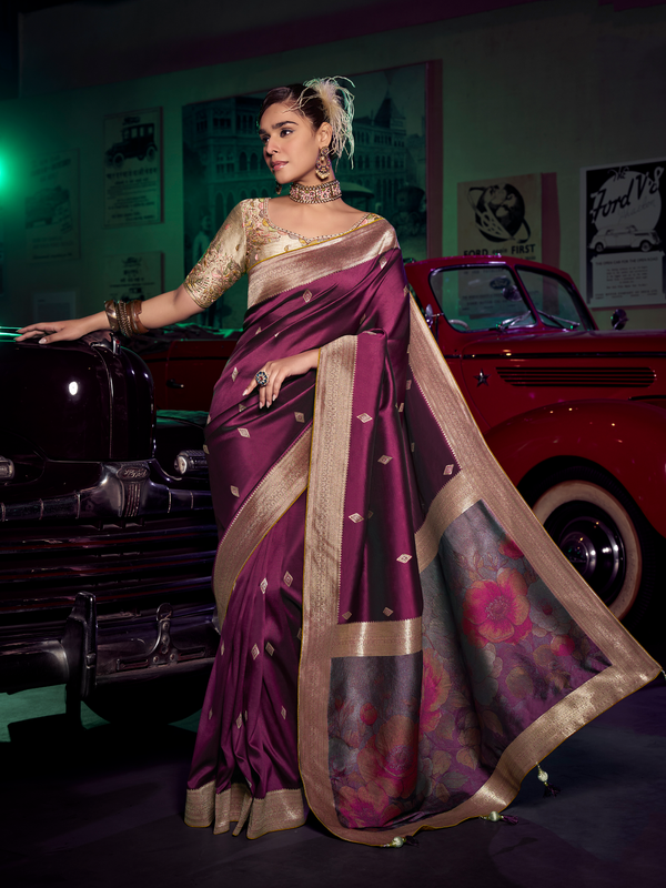 Wine Purple Banarasi Satin Silk Saree With Contrast Blouse