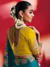 Teal Green Embroidered Designer Satin Silk Saree With Contrast Blouse