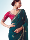 Deep Teal Embroidered Designer Satin Silk Saree With Contrast Blouse