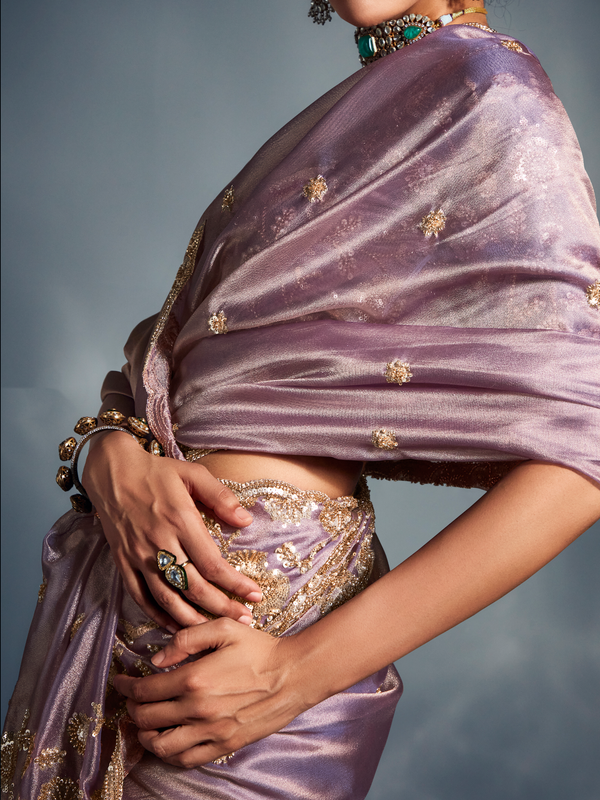 Lilac Embroidered Designer Tissue Organza Silk Saree