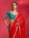 Scarlet Red Embroidered Designer Satin Silk Saree With Contrast Blouse